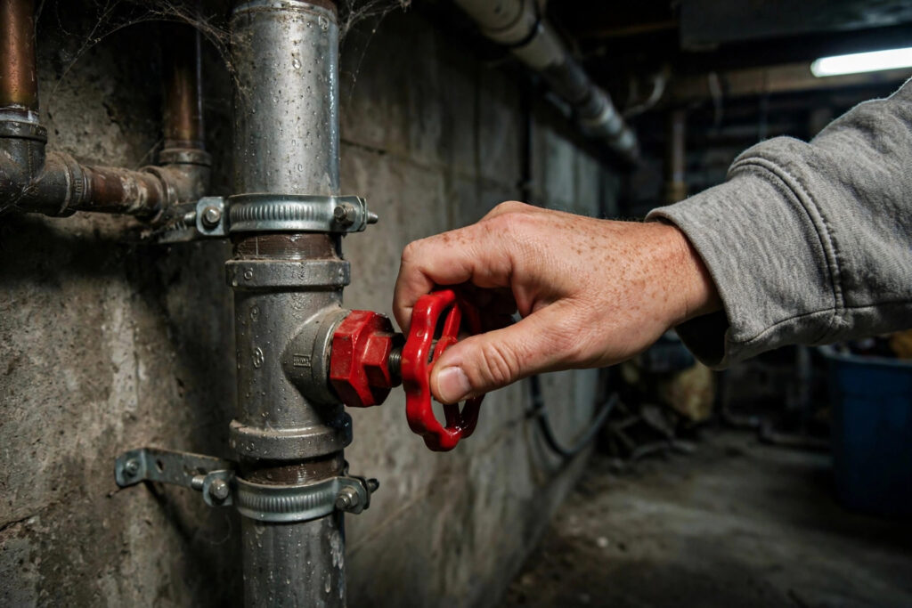 Hand turning a red main water shut-off valve