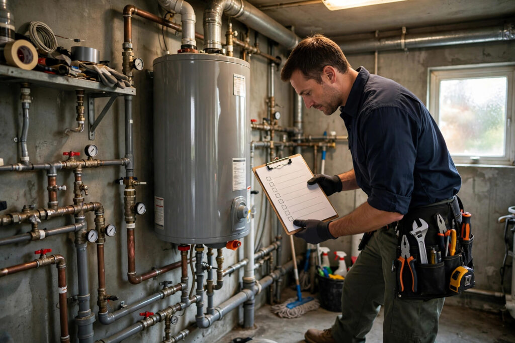 Plumber inspecting a water heater with a checklist