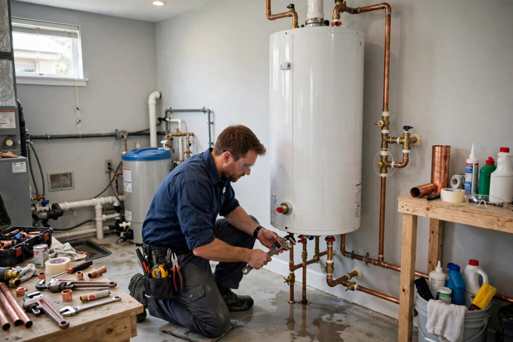 Plumber installing a residential water heater in Denver