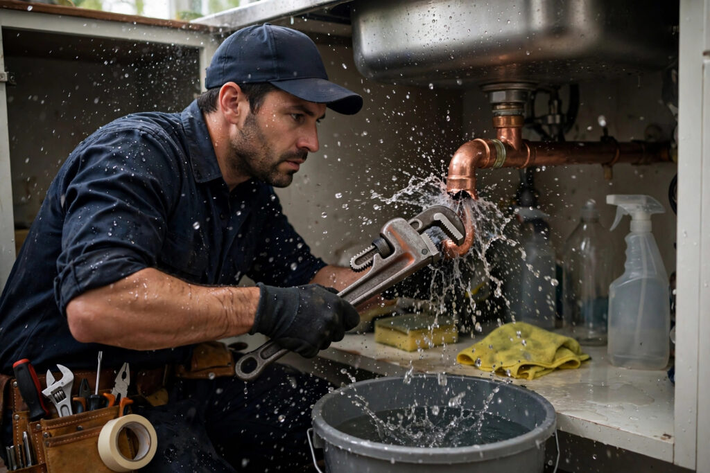 Plumber repairing a burst copper pipe under a kitchen sink