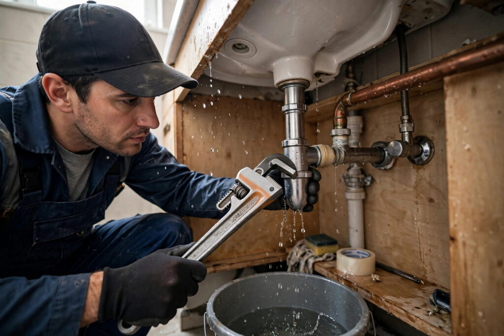 Plumber fixing a leaking pipe under a bathroom sink