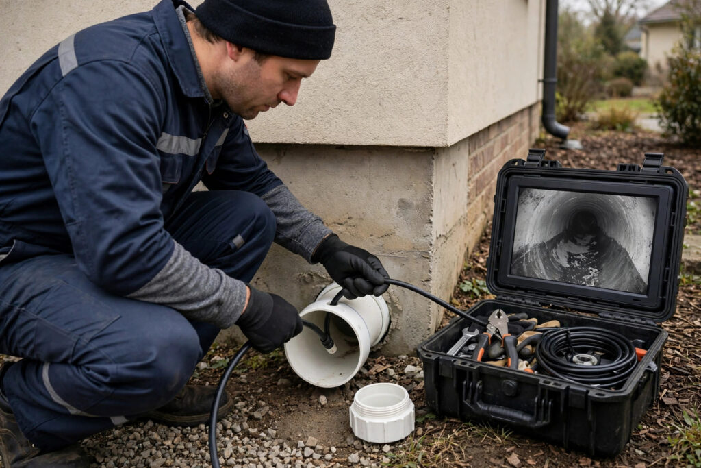 Plumber running a drain inspection camera