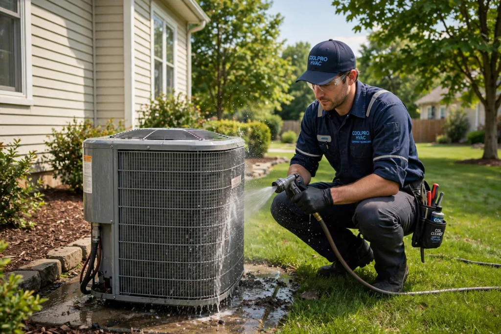HVAC technician cleaning an AC condenser unit in Denver
