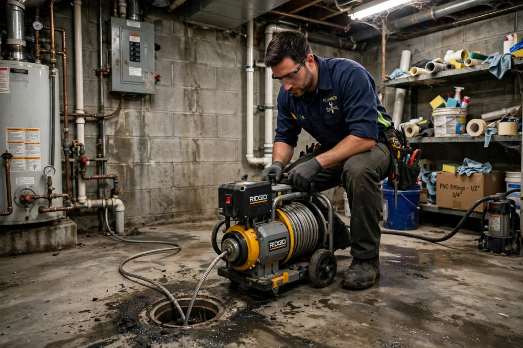 Technician clearing a drain with a motorized snake in Denver