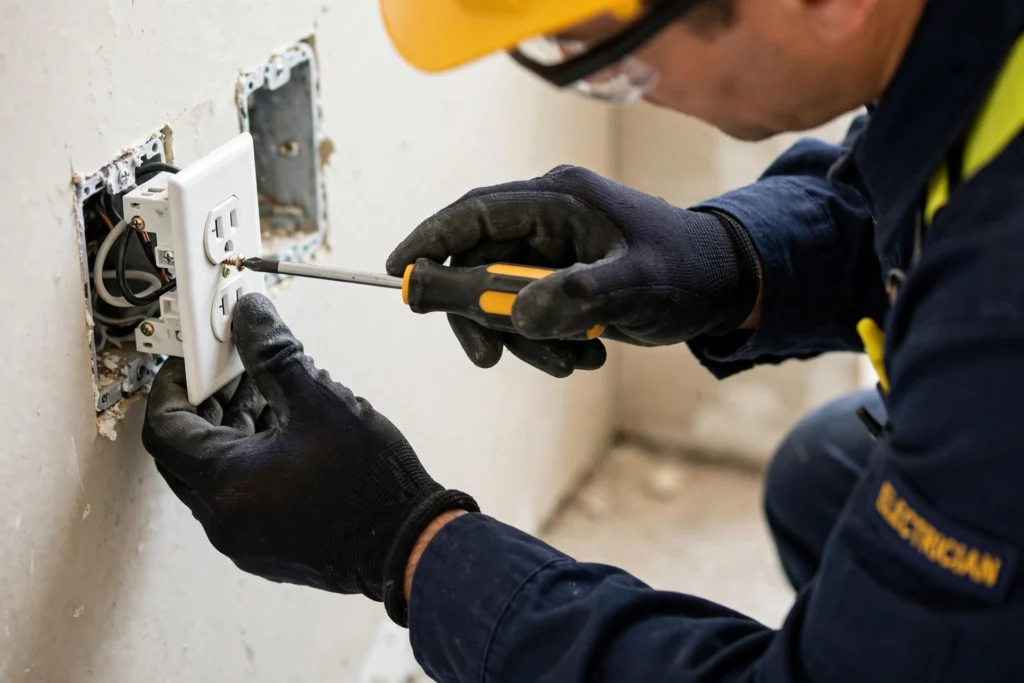 Electrician installing an electrical outlet in a Denver home