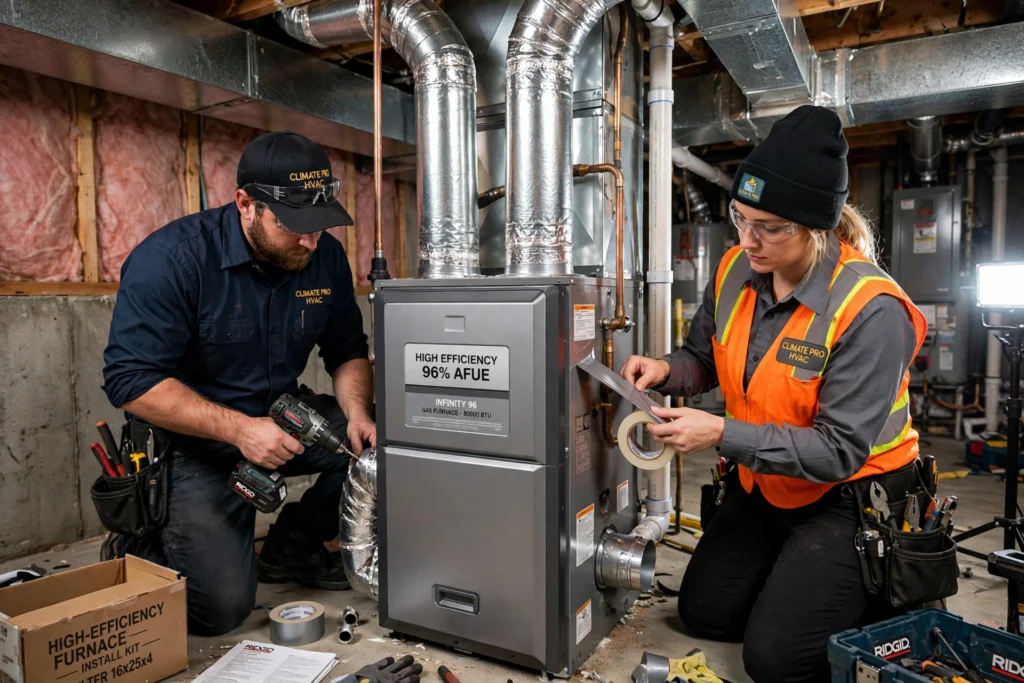 HVAC technicians installing a furnace in a Denver basement
