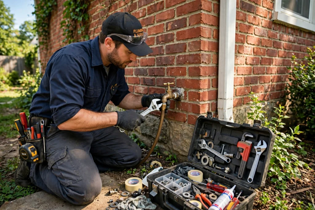 Plumber repairing an outdoor hose faucet in Denver