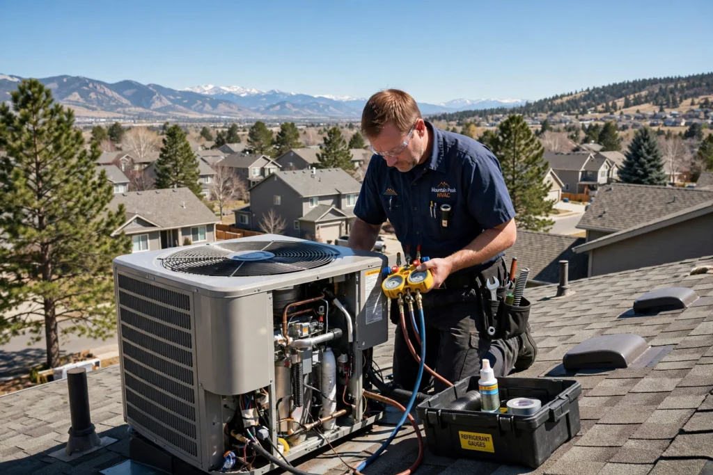 HVAC technician servicing a rooftop air conditioning unit in Denver