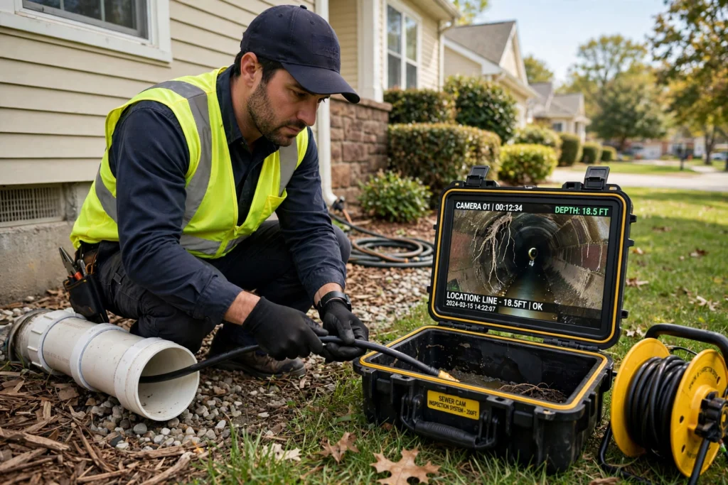 Plumber performing a sewer camera inspection in Denver