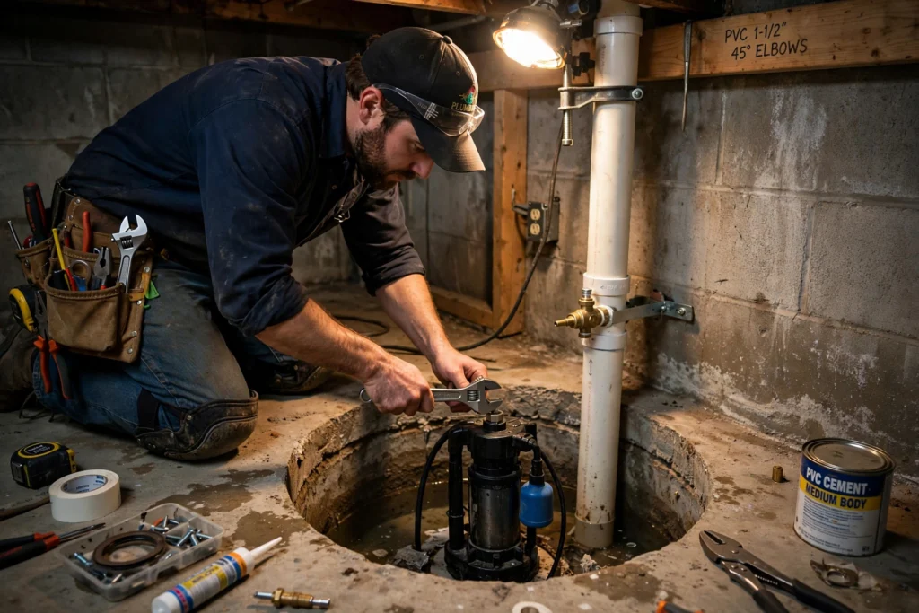 Plumber installing a sump pump in a Denver basement