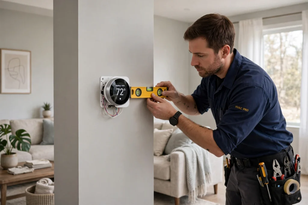 Technician installing a smart thermostat in a Denver home