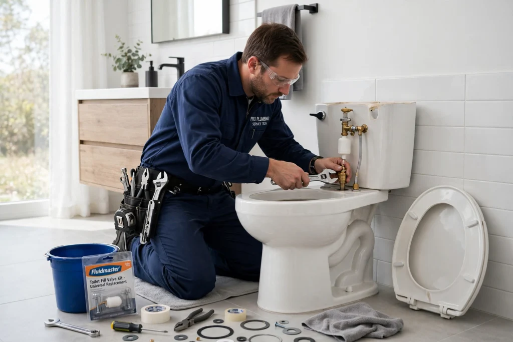 Plumber repairing a toilet fill valve in a Denver bathroom