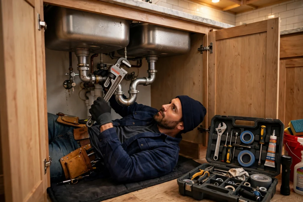 Plumber repairing pipes under a kitchen sink in Denver