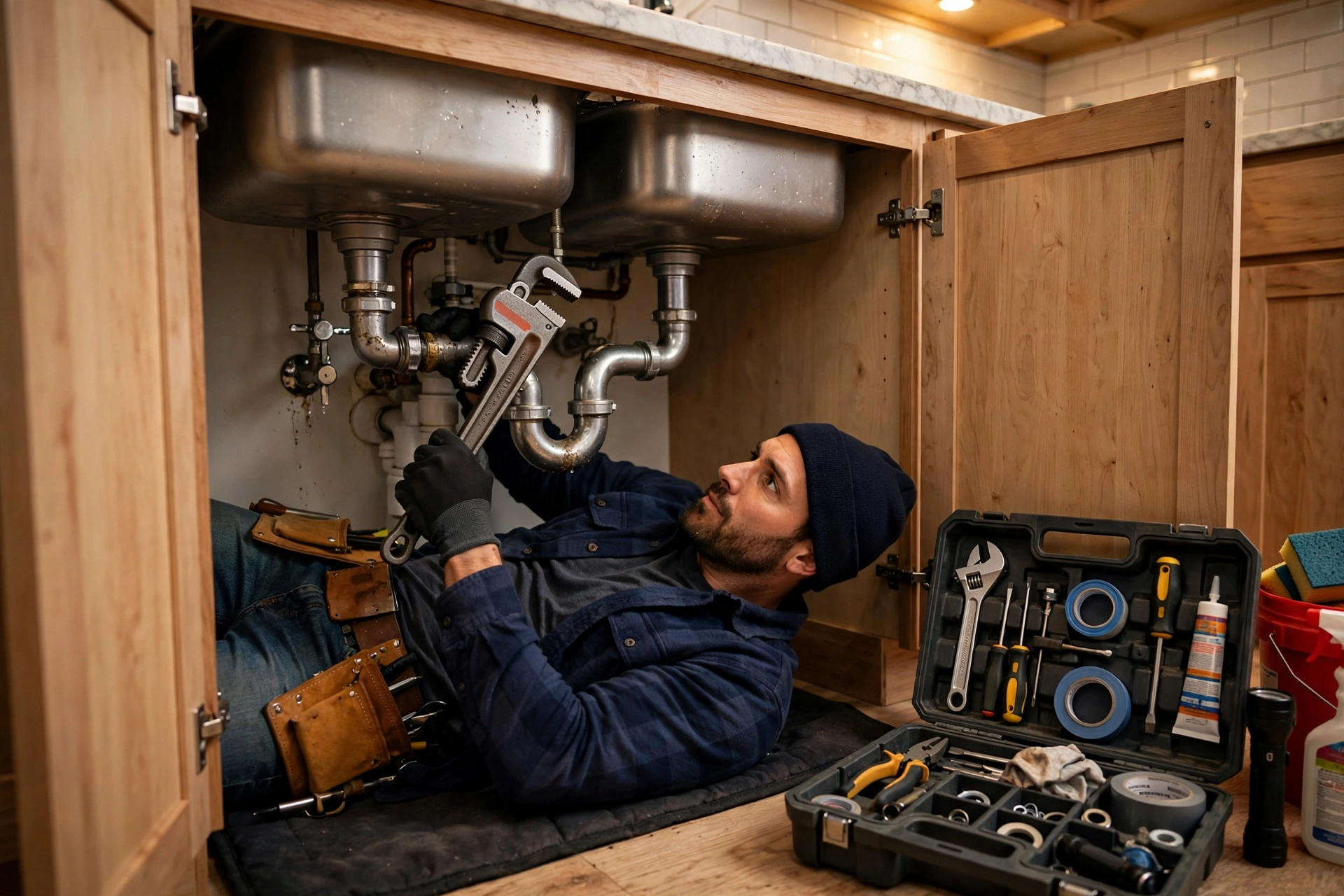 Plumber repairing pipes under a kitchen sink in Denver