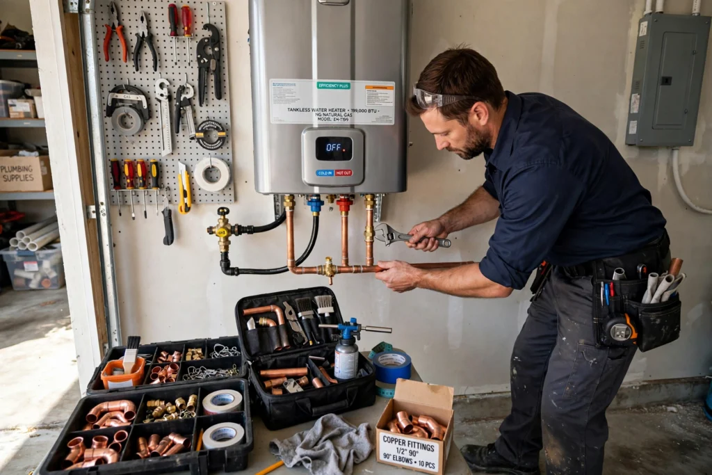 Plumber installing a tankless water heater in Denver