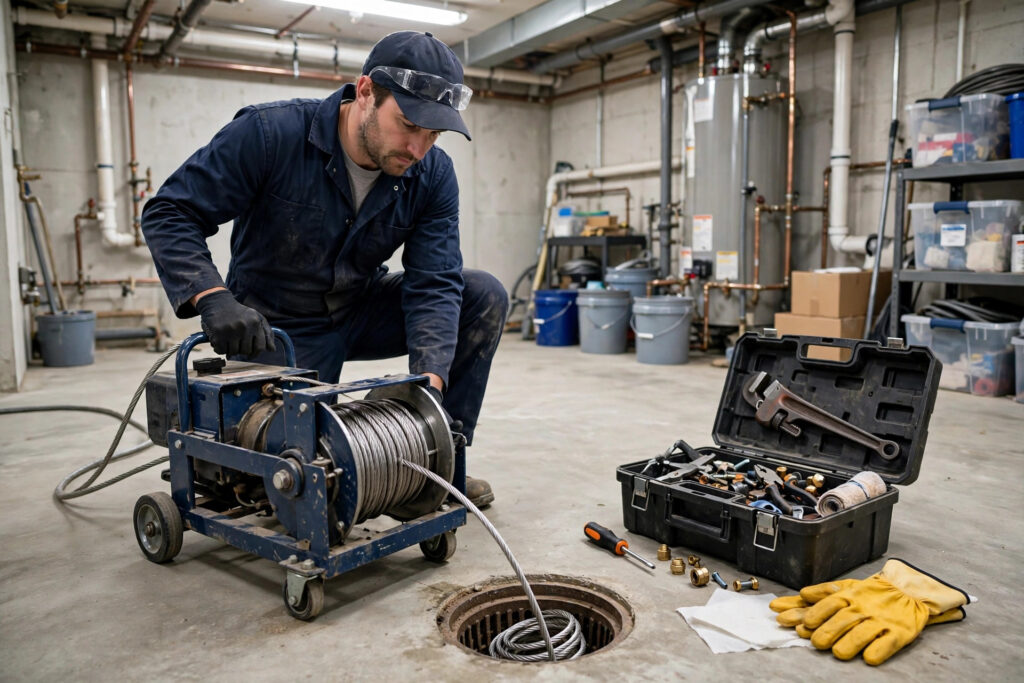 Plumber clearing a clogged drain with a drain cleaning machine
