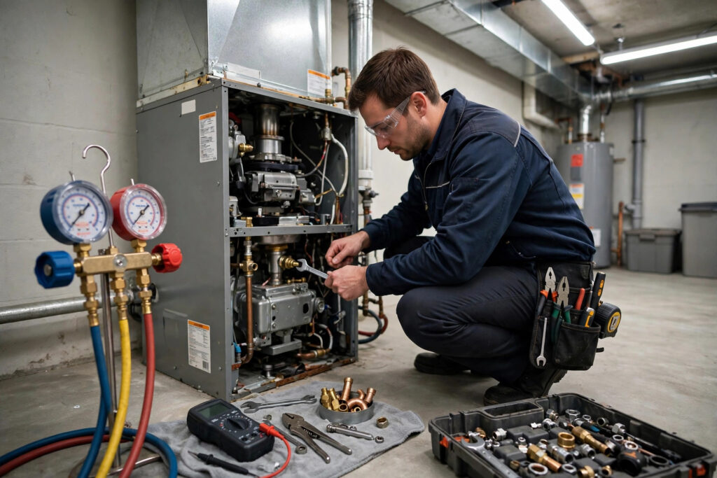 HVAC technician servicing a home furnace in Denver