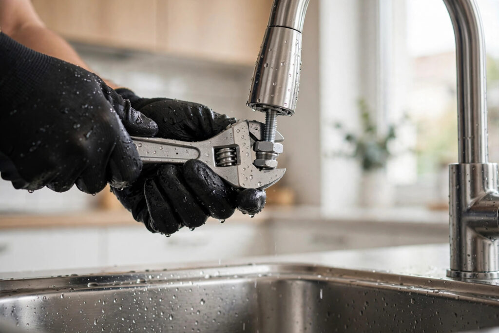 Plumber repairing a kitchen sink faucet with a wrench in Denver