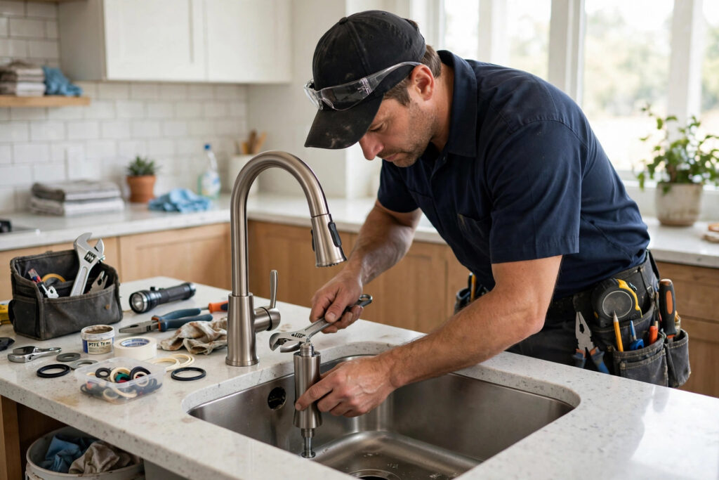 Plumber installing a kitchen faucet in Denver