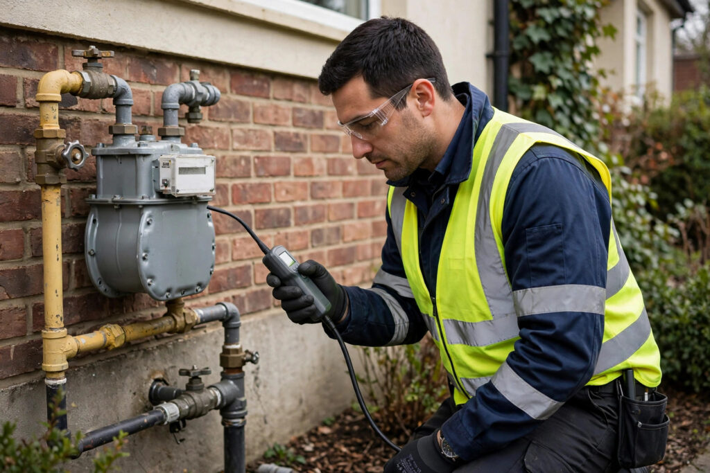 Technician testing a residential gas line with a detector