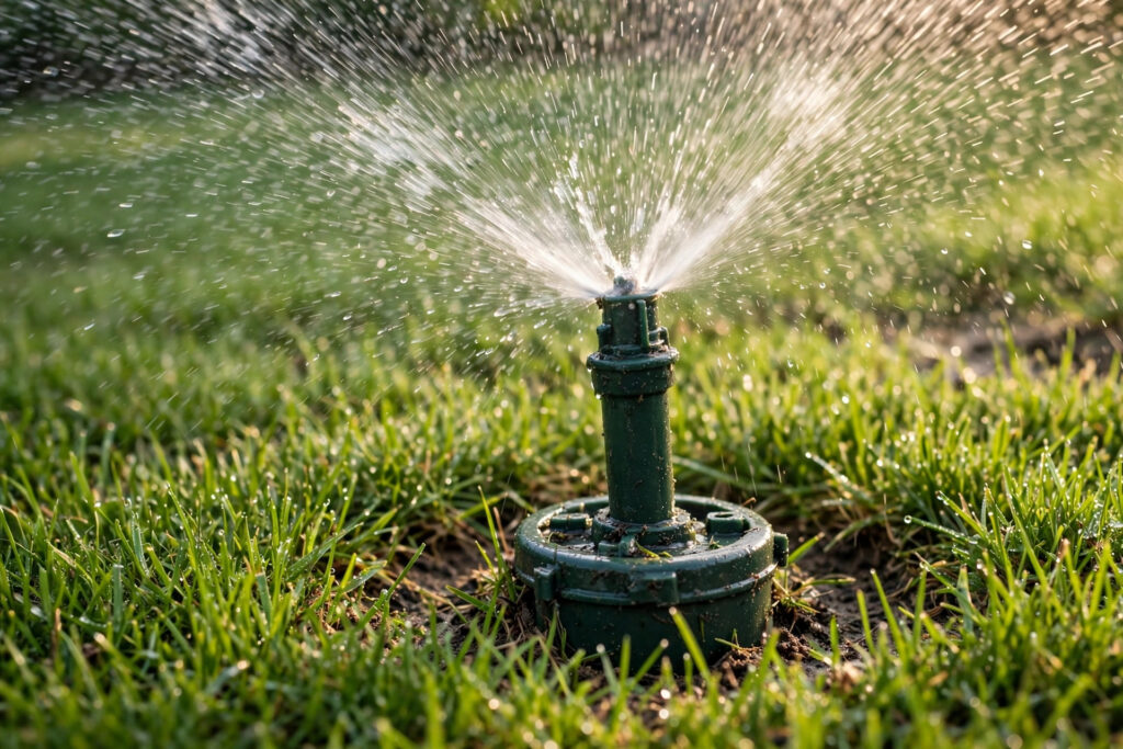 Pop-up sprinkler head watering a lawn
